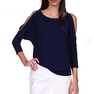 MICHAEL KORS  Chain Cold Shoulder Top Blouse Navy
